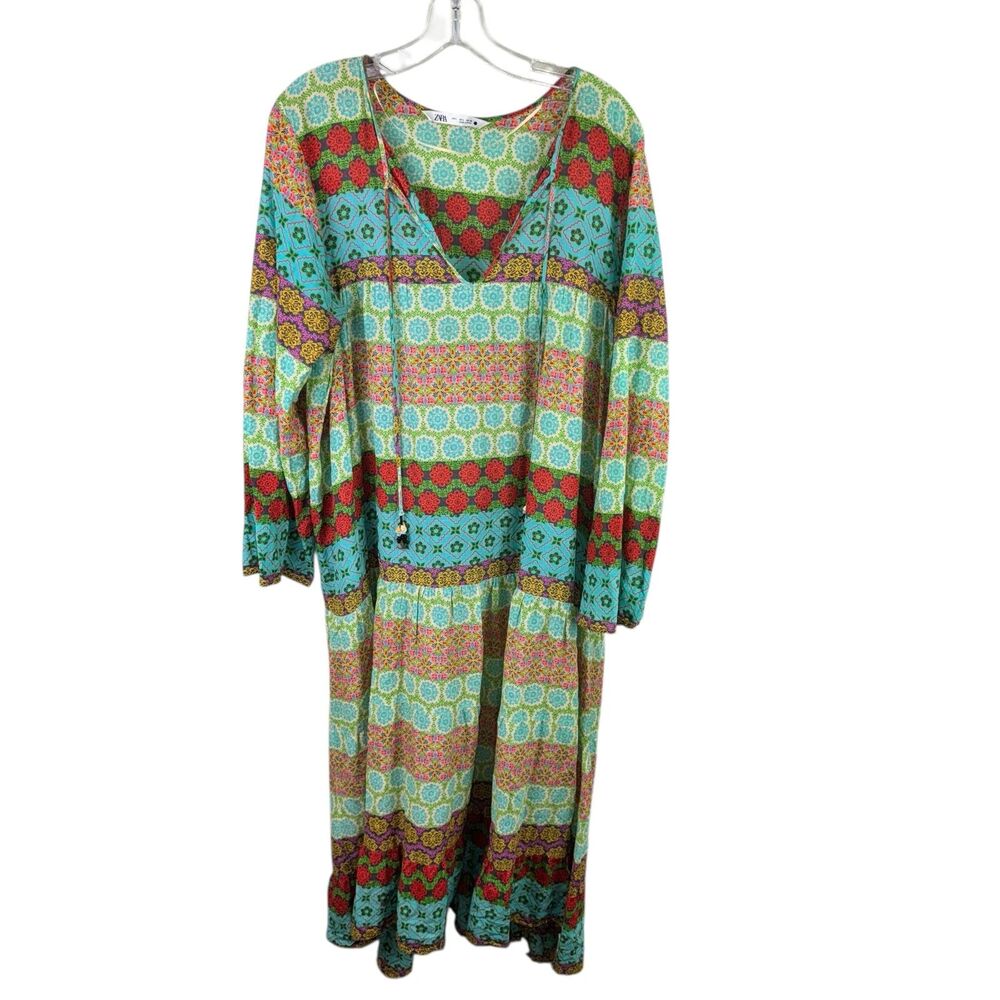 ZARA BOHO Green Multi Color‎ Long MAXI DRESS Festival Womens Large Long Sleeve